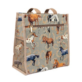 A polyester shopper bag featuring a tapestry design with various horses in a brown color palette.